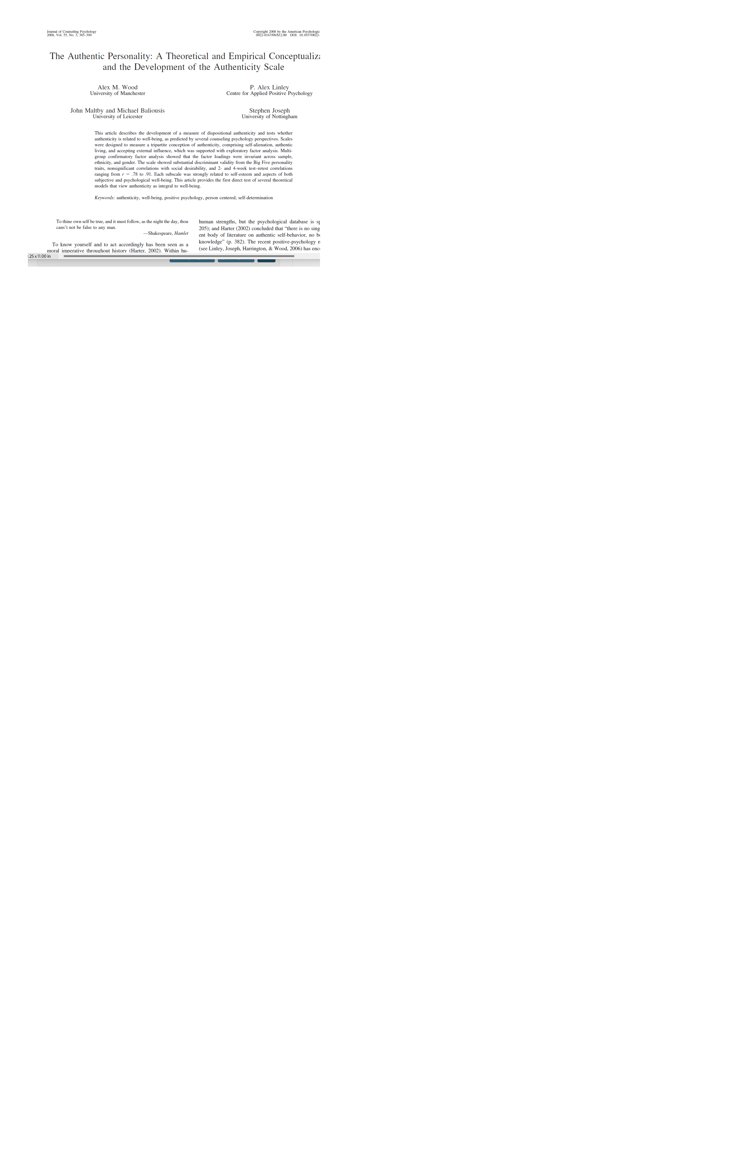 The Authentic Personality: A Theoretical and Empirical Conceptualization and the Development of the Authenticity Scale Cover