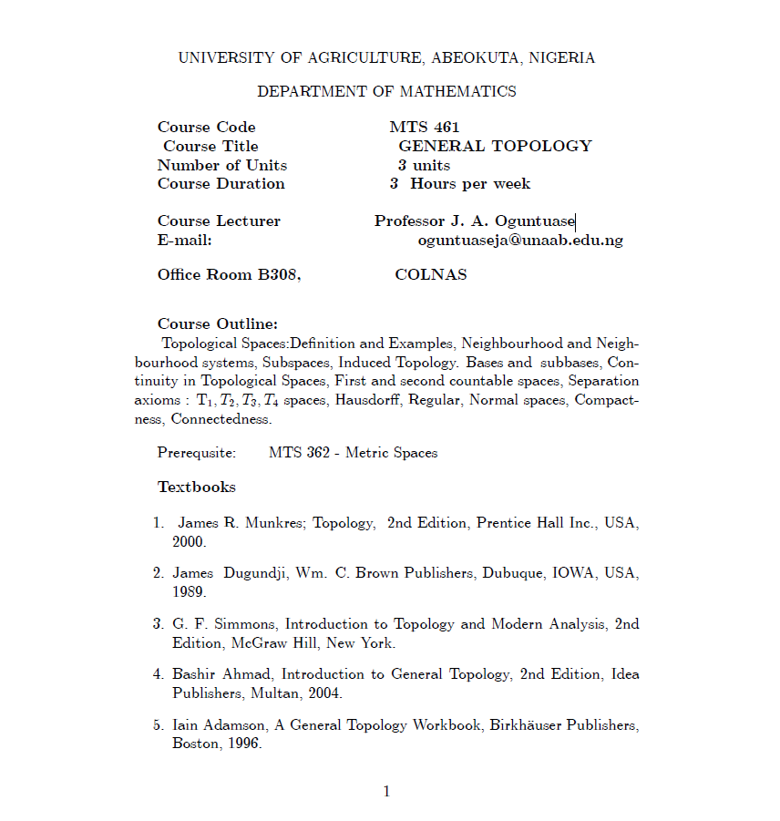 UNIVERSITY OF AGRICULTURE, ABEOKUTA, NIGERIA DEPARTMENT OF MATHEMATICS