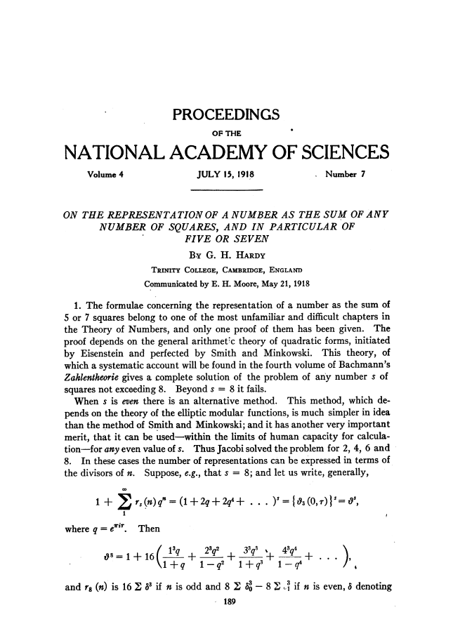 ON THE REPRESENTATION OF A NUMBER AS THE SUM OF ANY NUMBER OF SQUARES, AND IN PARTICULAR OF FIVE OR SEVEN