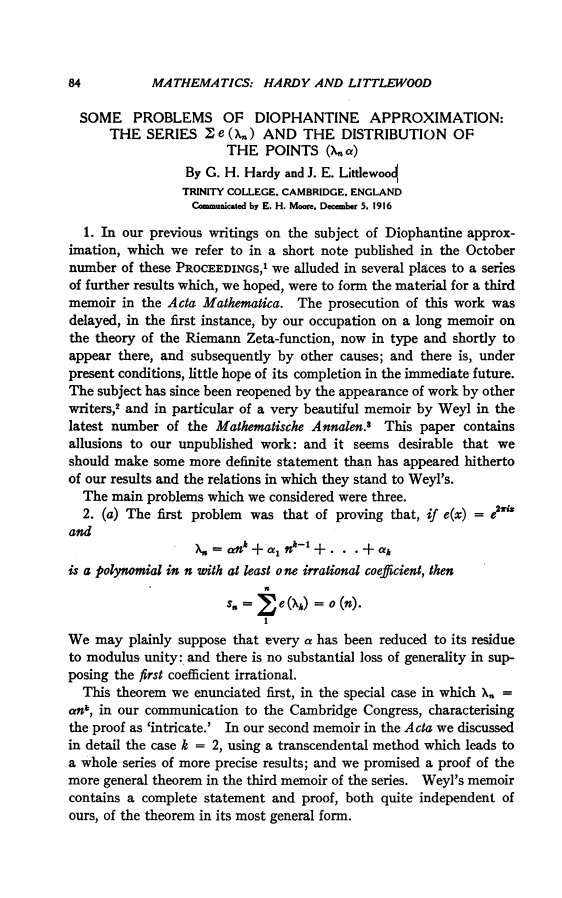 SOME PROBLEMS OF DIOPHANTINE APPROXIMATION: THE SERIES e (Xn) AND THE DISTRIBUTION OF THE POINTS
