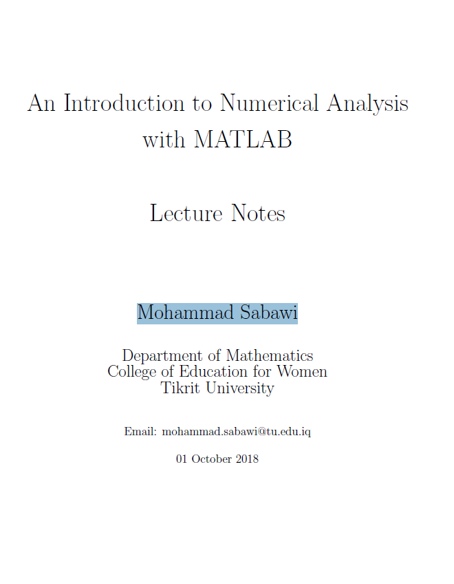 An Introduction to Numerical Analysis with MATLAB