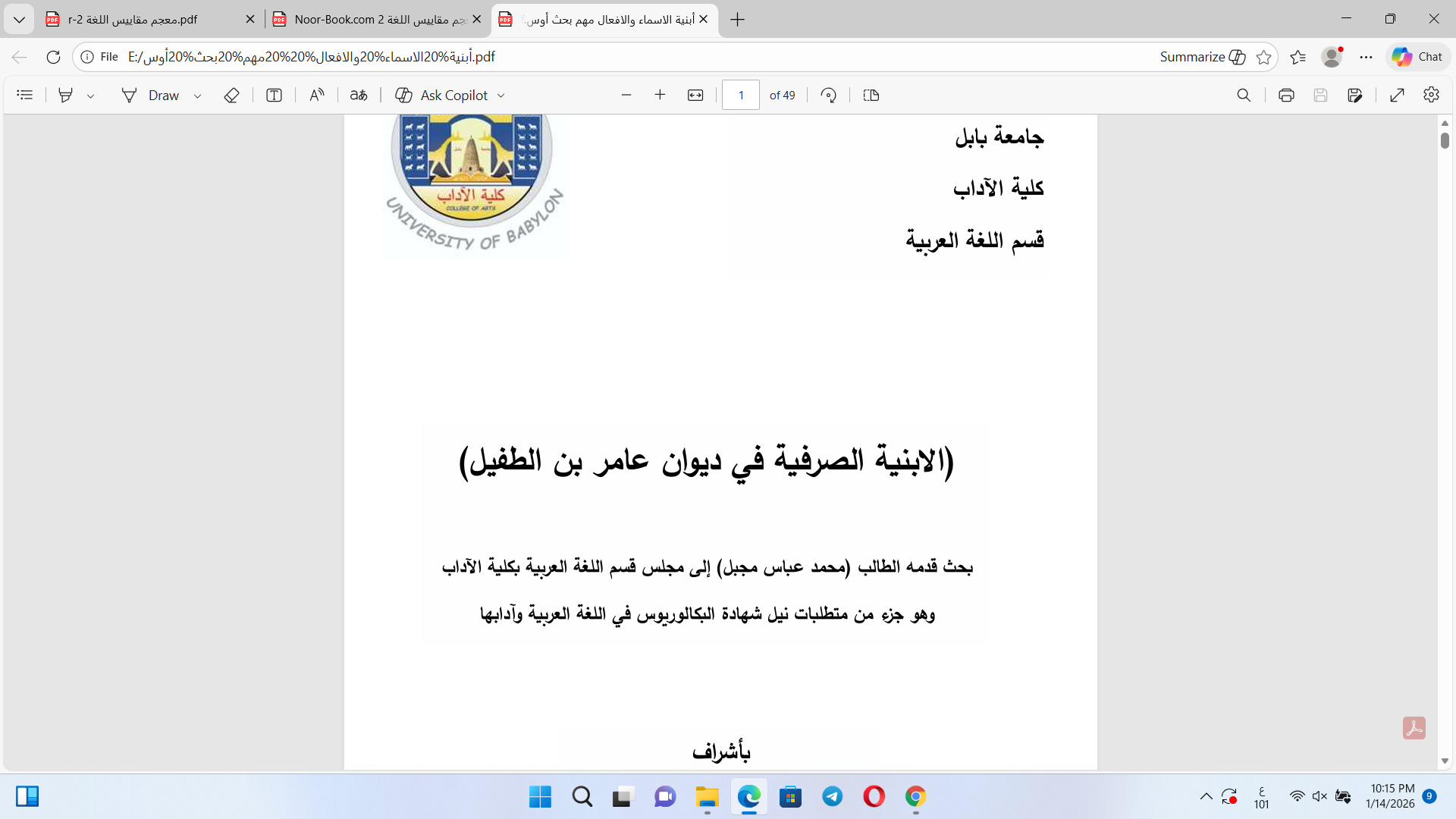 الأبنية الصرفية في ديوان عامر بن الطفيل Cover
